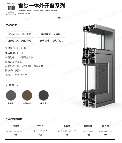 窗纱一体外开窗系列 配置参数