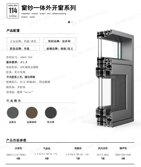 窗纱一体外开窗系列 配置参数