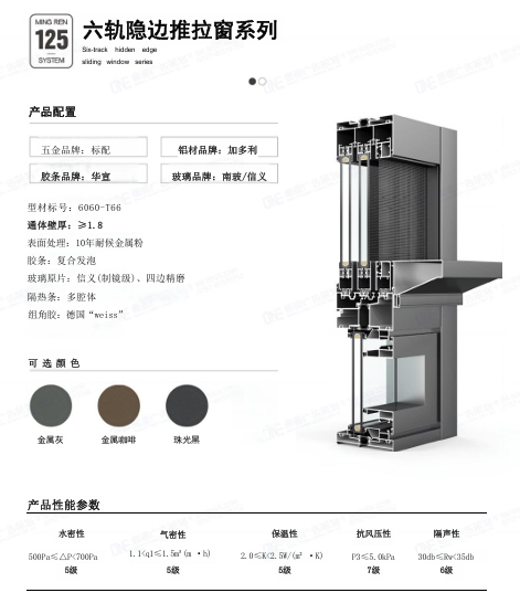 六轨隐边推拉窗系列 配置参数
